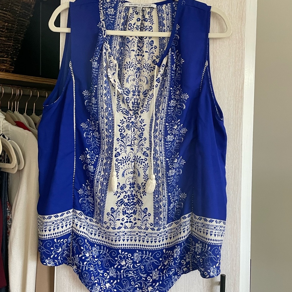 Blue and White Sleeveless Top